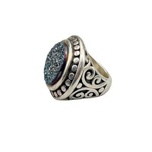 Sterling Silver and Druzy Stone Ring Size 8 Round Top Chunky Statement Jewelry